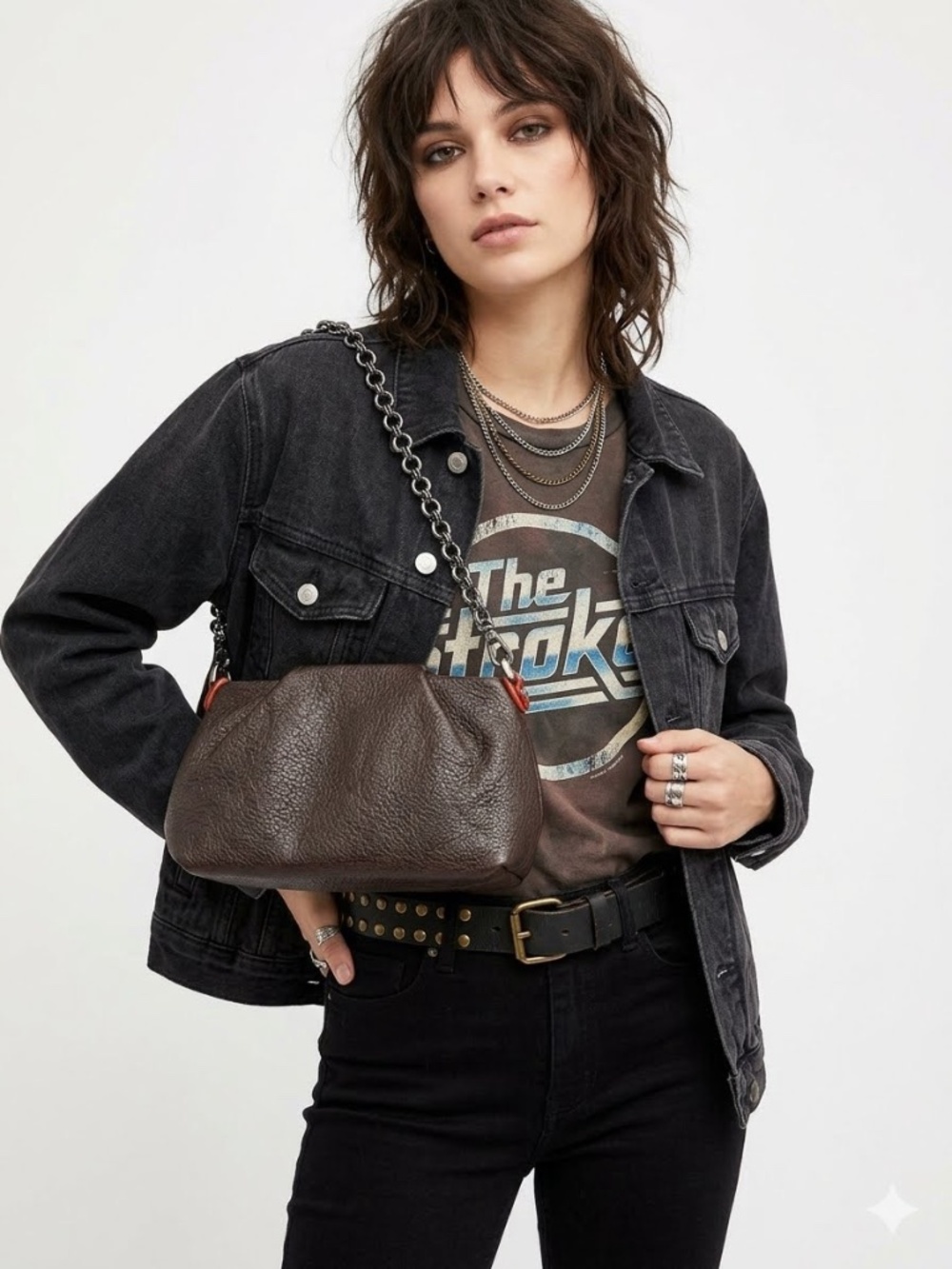 NWOT Simply Vera Wang Dark Brown Pebbled Faux Leather Chain Shoulder Bag Y2K 90s